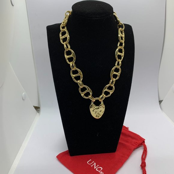Uno de 50 Necklace Gold-plated Heavy Double Link Necklace Large Heart Lock - Picture 1 of 7